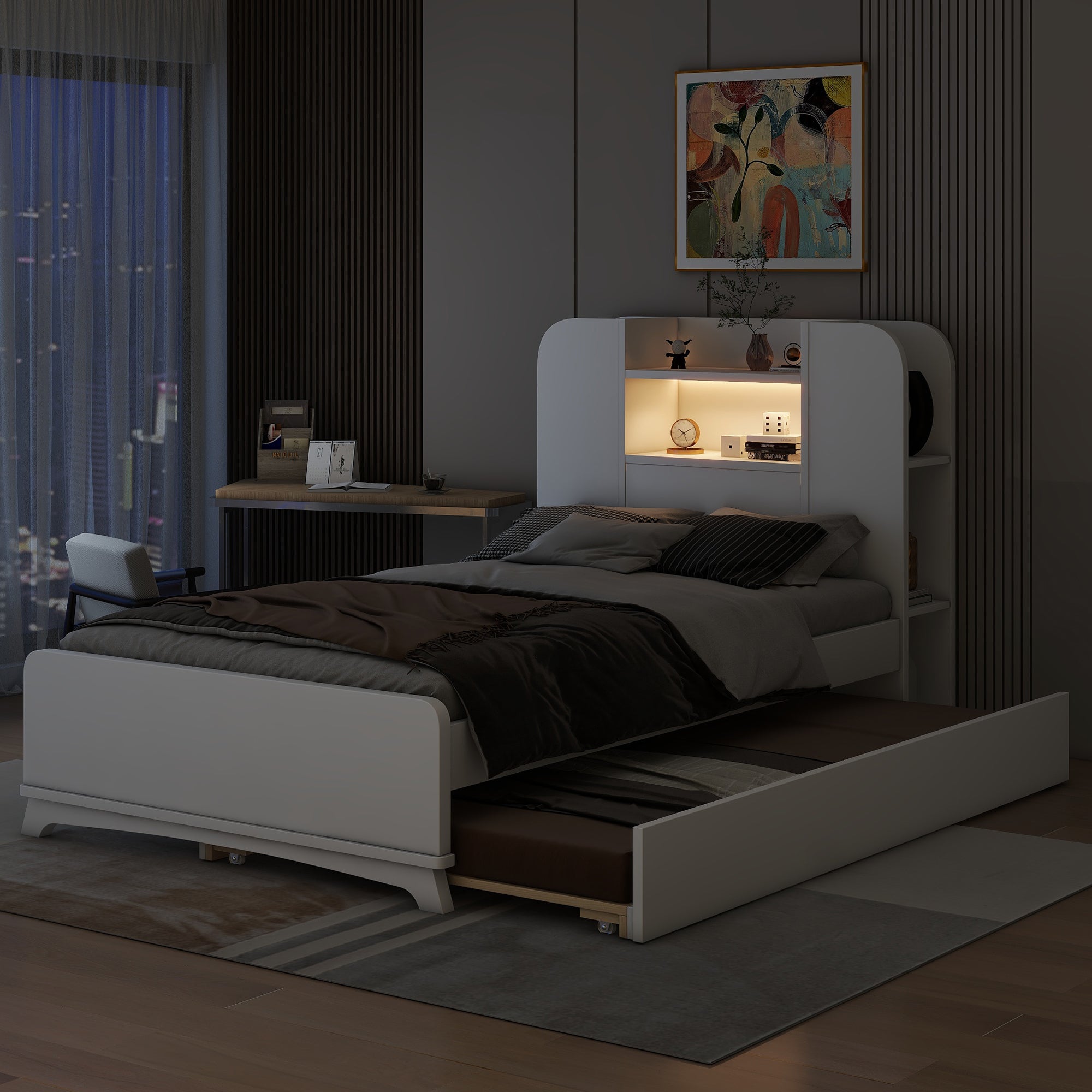 Twin Size Storage Platform Bed Frame with with Trundle and Light Strip Design in Headboard,White - Atlantic Fine Furniture Melbourne FL