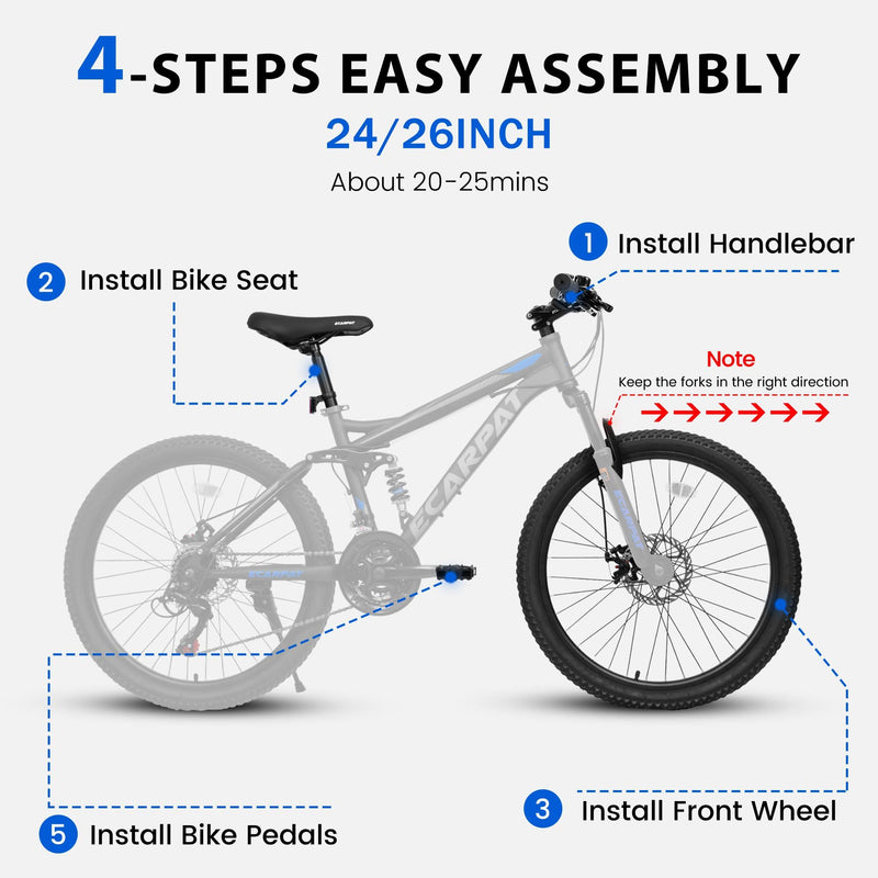A2660 Mountain Bike 26" Wheels, 21 Speed Full Suspension Mens Womens Trail Commuter City Mountain Bike, Carbon Steel Frame Disc Brakes Thumb Shifter Front Fork Rear Shock Absorber Bicycles