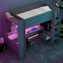 Gaming Loft Bed With Desk, Multi Storage Shelves, LED And Charging Station