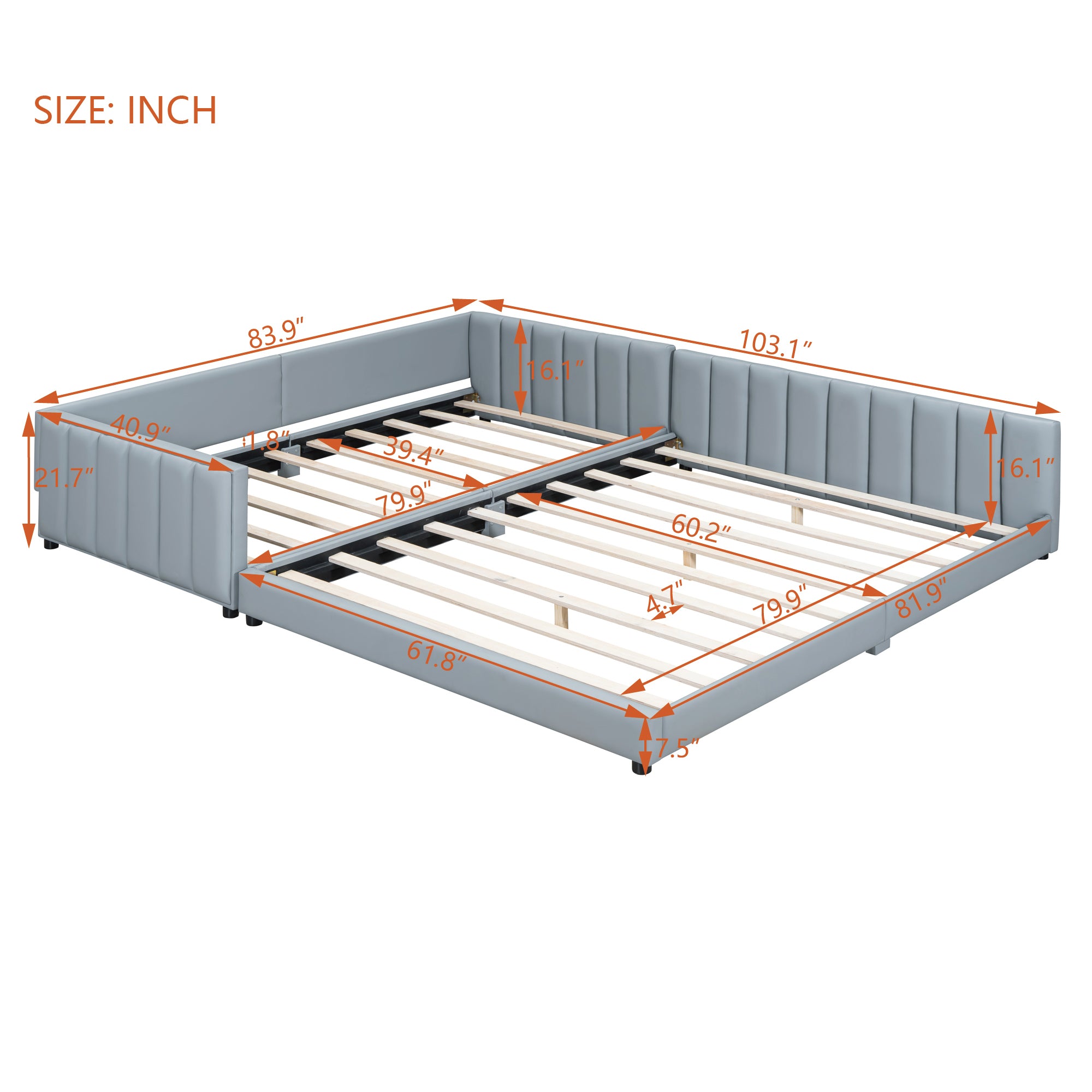 Queen Size & Twin XL Size Upholstered Platform Bed, Mother & Child Bed, PU Leather, Gray - Atlantic Fine Furniture Melbourne FL