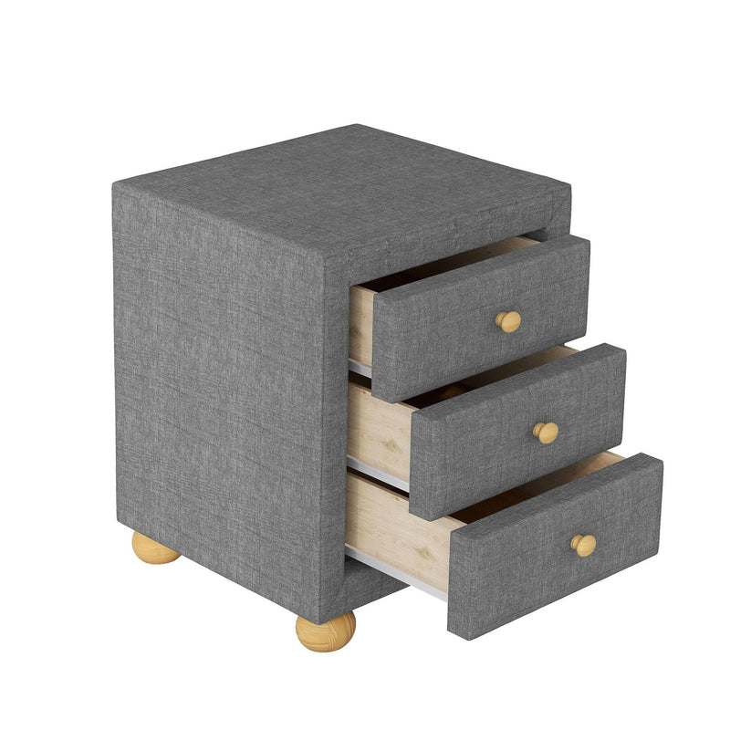 Modern Upholstered Storage Nightstand With 3 Drawers, Natural Wood Knobs, Dark Gray