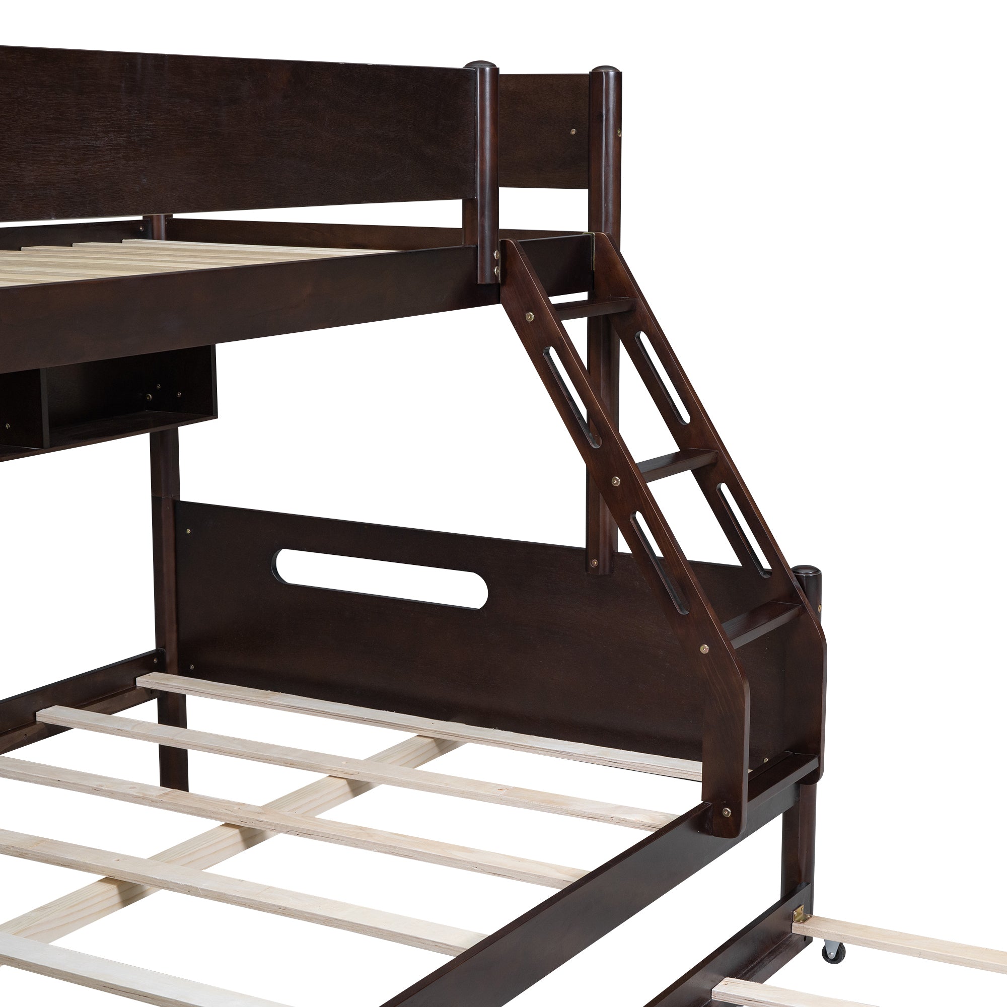 Wood Twin over Full Bunk Bed with Storage Shelves and Twin Size Trundle, Espresso - Atlantic Fine Furniture Melbourne FL