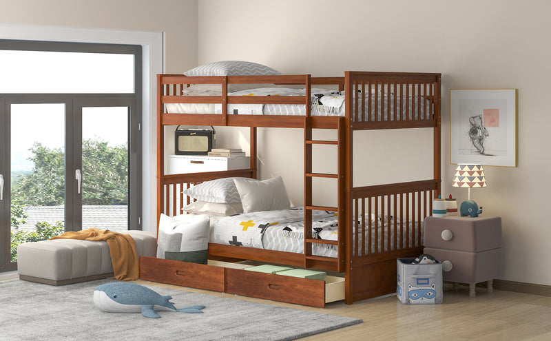 Twin-Over-Twin Bunk Bed with Ladders and Two Storage Drawers (Walnut)(OLD SKU:LT000265AAD)