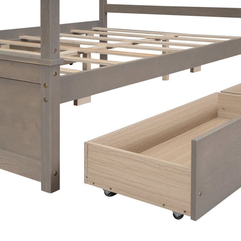 Wood Canopy Bed with four Drawers ,Full Size Canopy Platform Bed With Support Slats .No Box Spring Needed, Brushed Light Brown