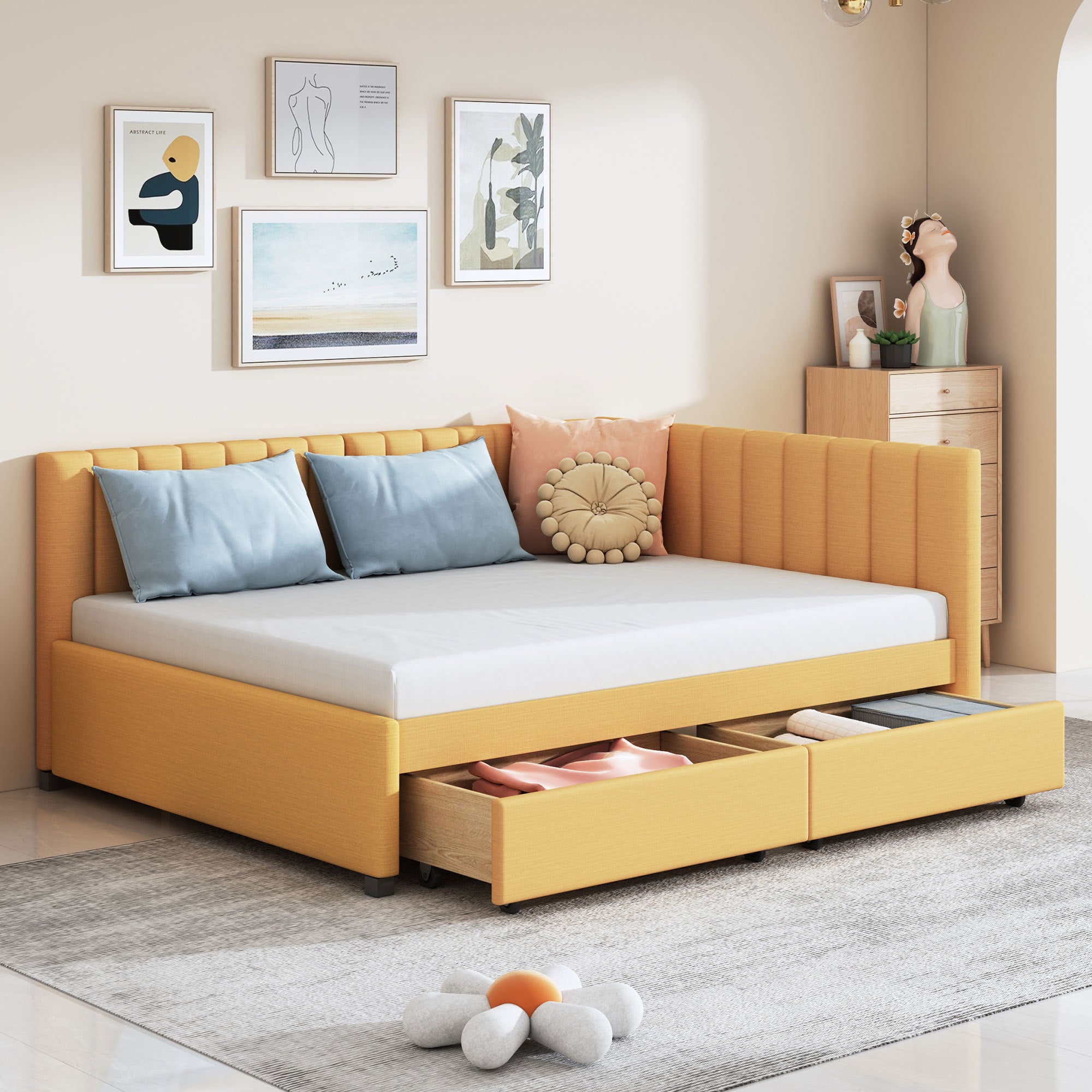 Full Size Upholstered Daybed with 2 Storage Drawers Sofa Bed Frame No Box Spring Needed, Linen Fabric (Yellow) - Atlantic Fine Furniture Melbourne FL