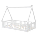 Twin Tent-shaped Floor Bed, Teepee Bed with Guardrails, Slats,White