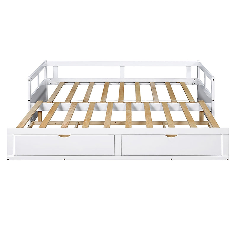 Wooden Daybed with Trundle Bed and Two Storage Drawers , Extendable Bed Daybed,Sofa Bed for Bedroom Living Room,White