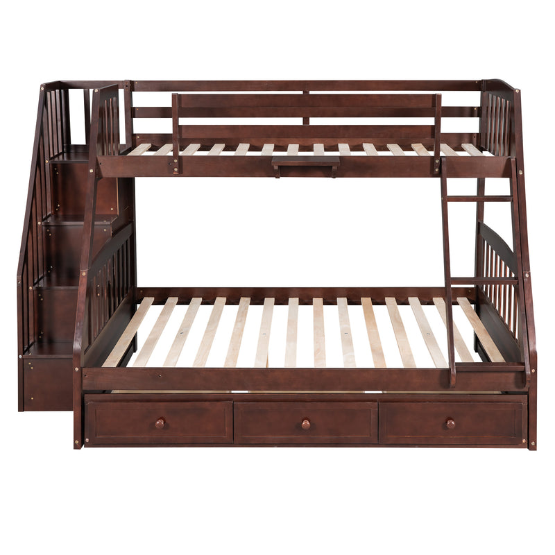 Twin-Over-Full Bunk Bed with Drawers，Ladder and Storage Staircase, Espresso