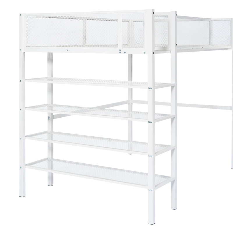 Twin Size Metal Loft Bed with 4-Tier Shelves and Storage, White