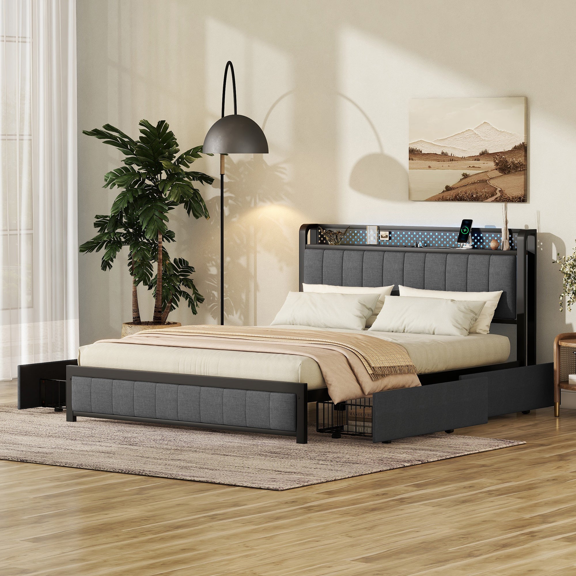 Queen Bed Frame with LED Headboard, Upholstered Bed with 4 Storage Drawers and USB Ports, Dark Grey - Atlantic Fine Furniture Melbourne FL