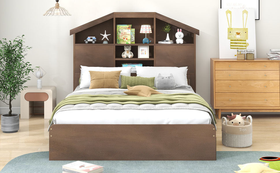 Full Size Wood Platform Bed with House-shaped Storage Headboard and 2 Drawers, Walnut - Atlantic Fine Furniture Melbourne FL