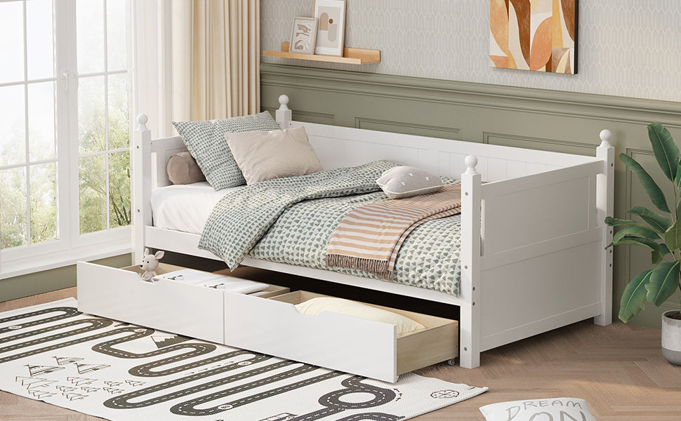 Twin Size Solid Wood Daybed with 2 drawers for Limited Space Kids, Teens, Adults, No Need Box Spring, White - Atlantic Fine Furniture Melbourne FL