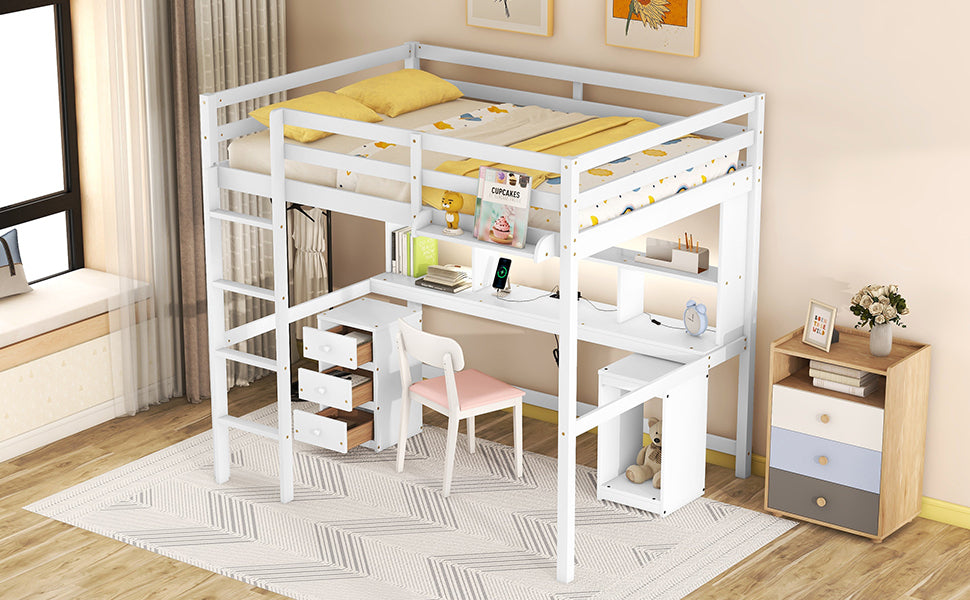Full Size Loft Bed with Multi-storage Desk, LED light and Bedside Tray, Charging Station, White - Atlantic Fine Furniture Melbourne FL