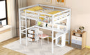 Full Size Loft Bed with Multi-storage Desk, LED light and Bedside Tray, Charging Station, White