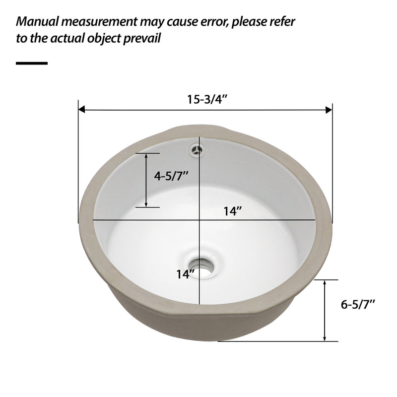 Ceramic Round Undermount Bathroom Sink With Overflow, European Style - White