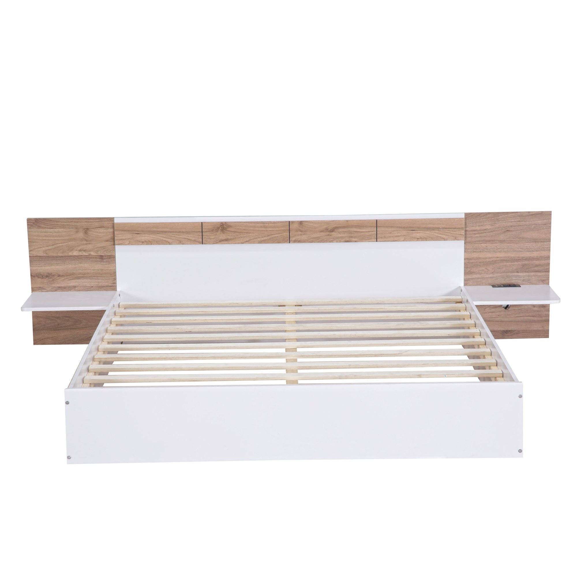 Queen Size Platform Bed with Headboard, Shelves, USB Ports and Sockets, White - Atlantic Fine Furniture Melbourne FL