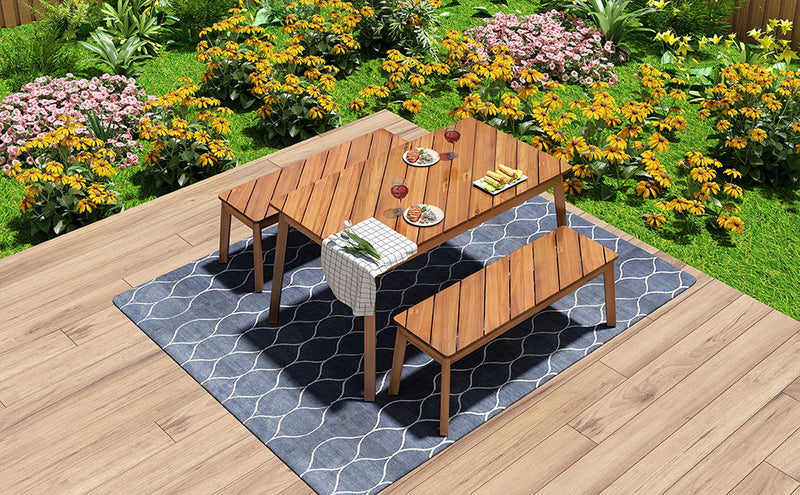 3 Pieces Acacia Wood Table Bench Dining Set For Outdoor & Indoor Furniture With 2 Benches, Picnic Beer Table For Patio, Porch, Garden, Poolside - Natural