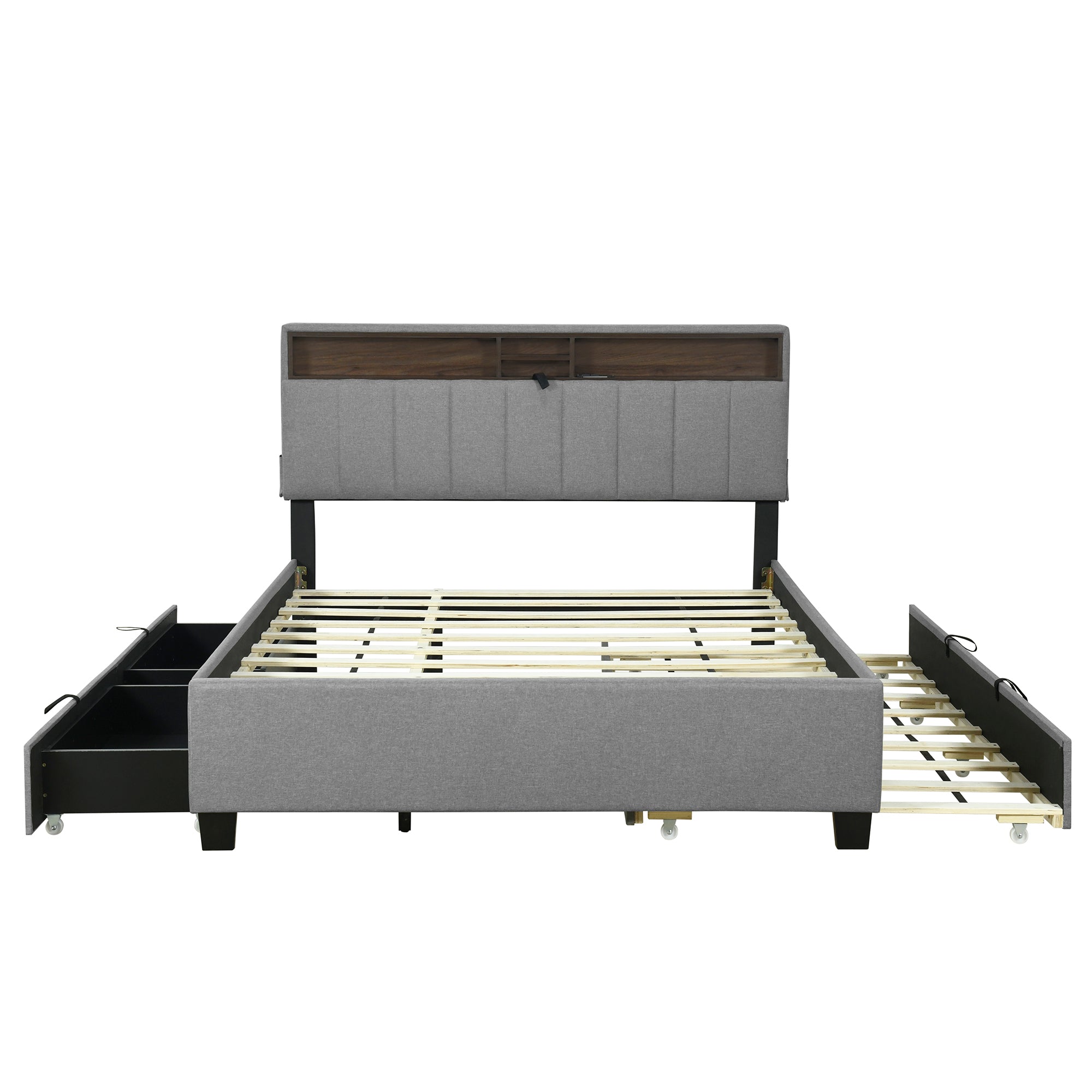 Queen size Upholstered Platform Bed with Storage Headboard, Twin XL Size Trundle & 2 drawers and a set of Sockets & USB Ports, Linen Fabric, Gray - Atlantic Fine Furniture Melbourne FL