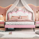 Full Size Princess Bed With Crown Headboard and 2 Drawers, Full size Platform Bed with Headboard and Footboard,White+Pink