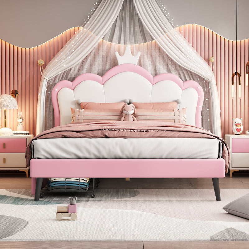 Full Size Princess Bed With Crown Headboard and 2 Drawers, Full size Platform Bed with Headboard and Footboard,White+Pink