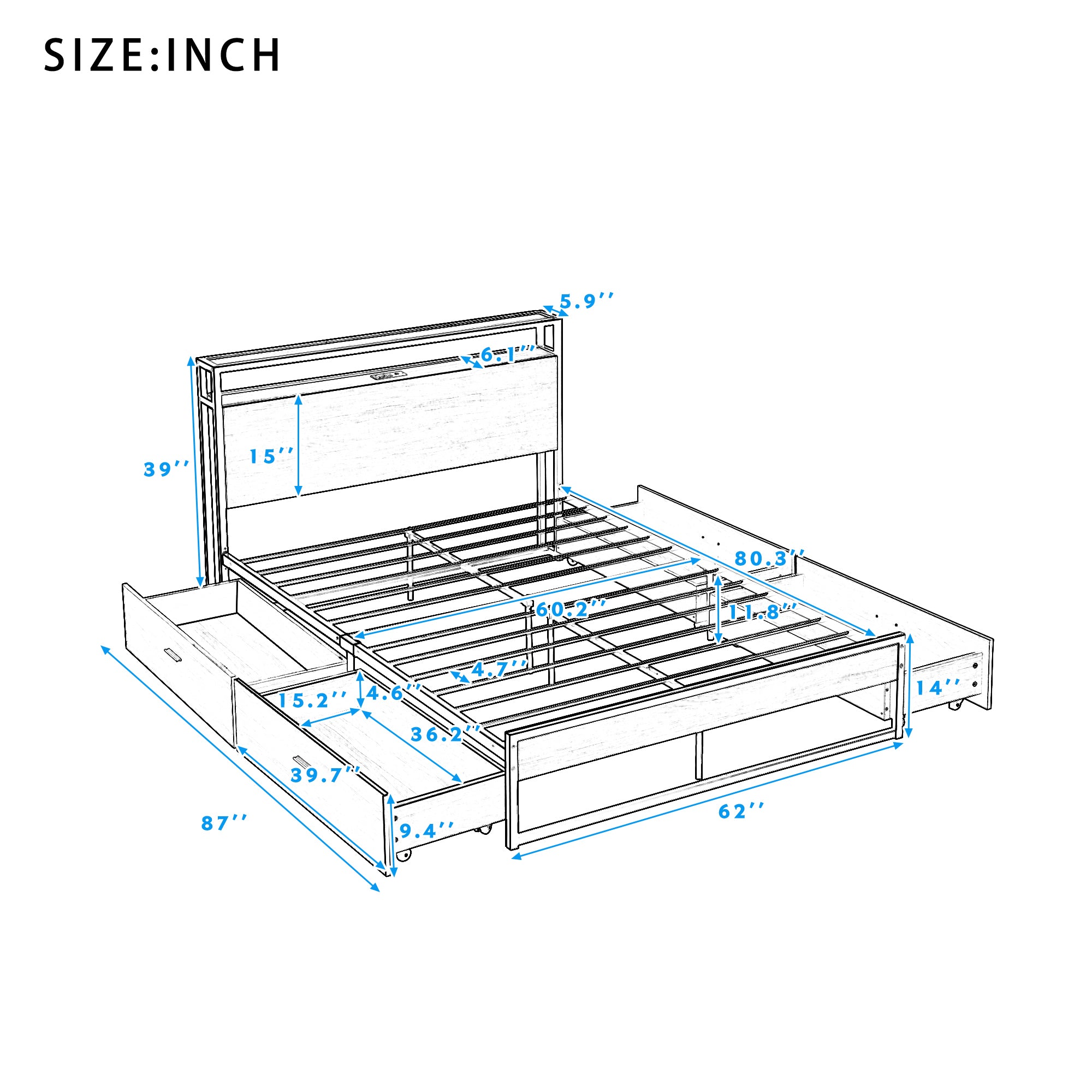 Queen Size Metal Platform Bed Frame with Four Drawers,Sockets and USB Ports ,Slat Support No Box Spring Needed Black - Atlantic Fine Furniture Melbourne FL