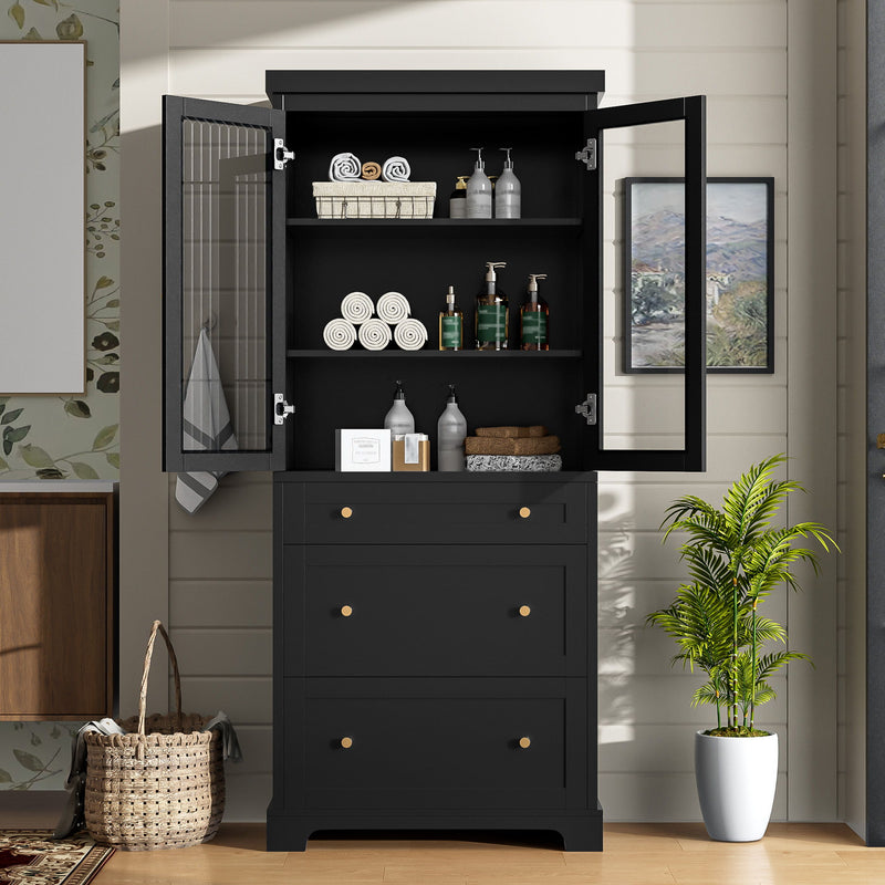 Freestanding Tall Bathroom Cabinet With Adjustable Shelves, Drawers, Soft Close Glass Doors - Black