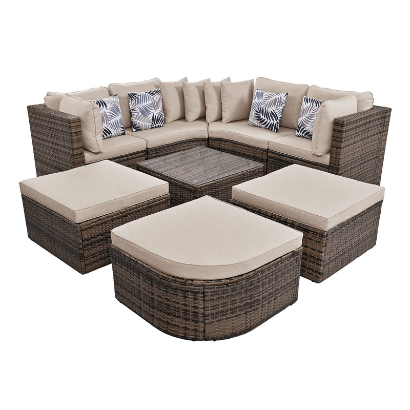 8 Piece Outdoor Wicker Sofa Set, Rattan Sofa Lounger, With Colorful Pillows, Conversation Sofa, For Patio, Garden, Deck - Brown / Beige