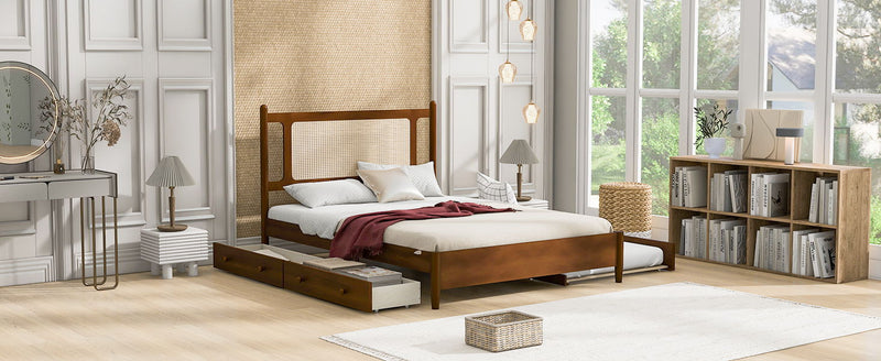 Wooden Rattan Platform Bed, With 2 Big Drawers & Trundle