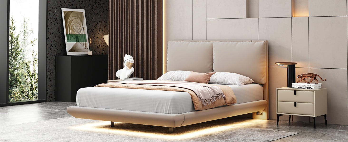 Full Size Upholstered Platform Bed with Sensor Light and 2 Large Backrests, Stylish Platform Bed with 2 sets of USB Port and Socket on each rear Bed Leg, Beige - Atlantic Fine Furniture Melbourne FL