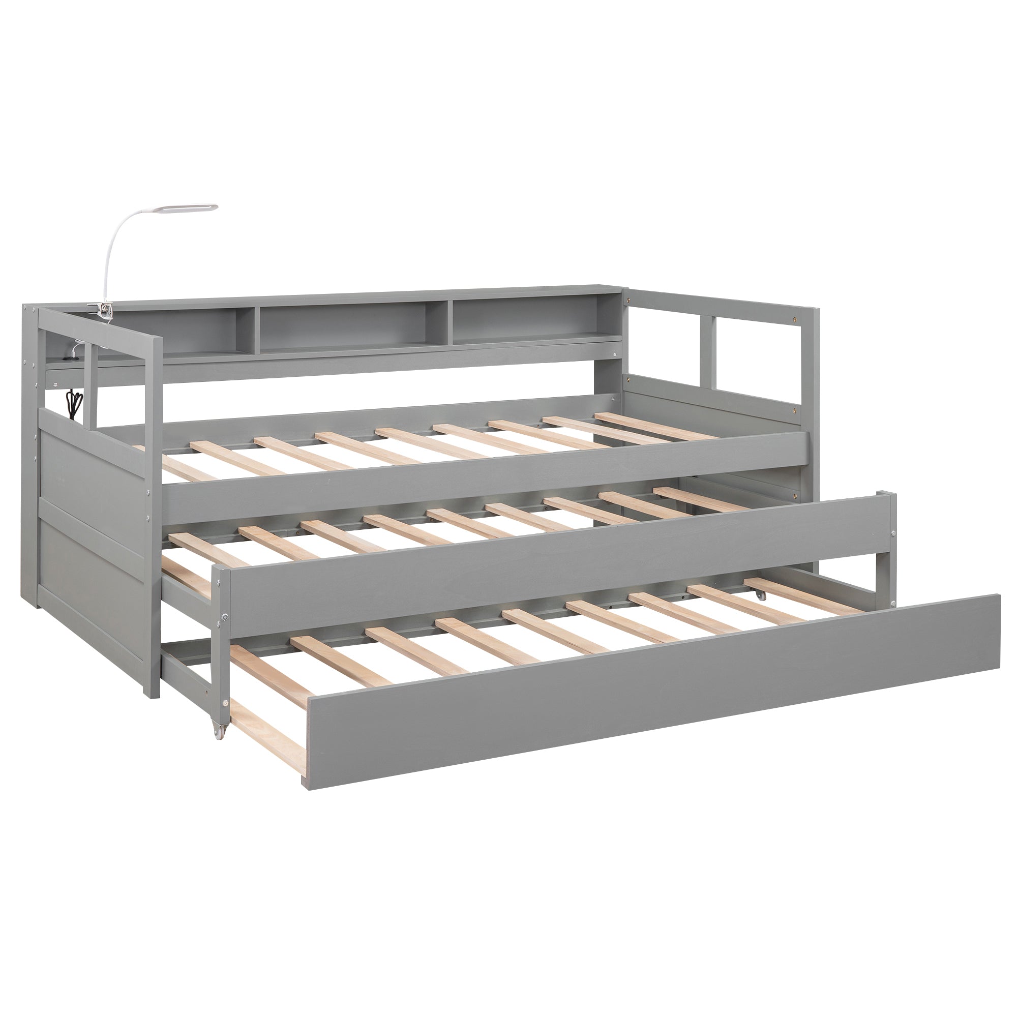 Twin XL Wood Daybed with 2 Trundles, 3 Storage Cubbies, 1 Light for Free and USB Charging Design, Gray - Atlantic Fine Furniture Melbourne FL