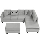 Modern Sectional Sofa With Storage Ottoman, L - Shape Couch With 2 Pillows And Cup Holders