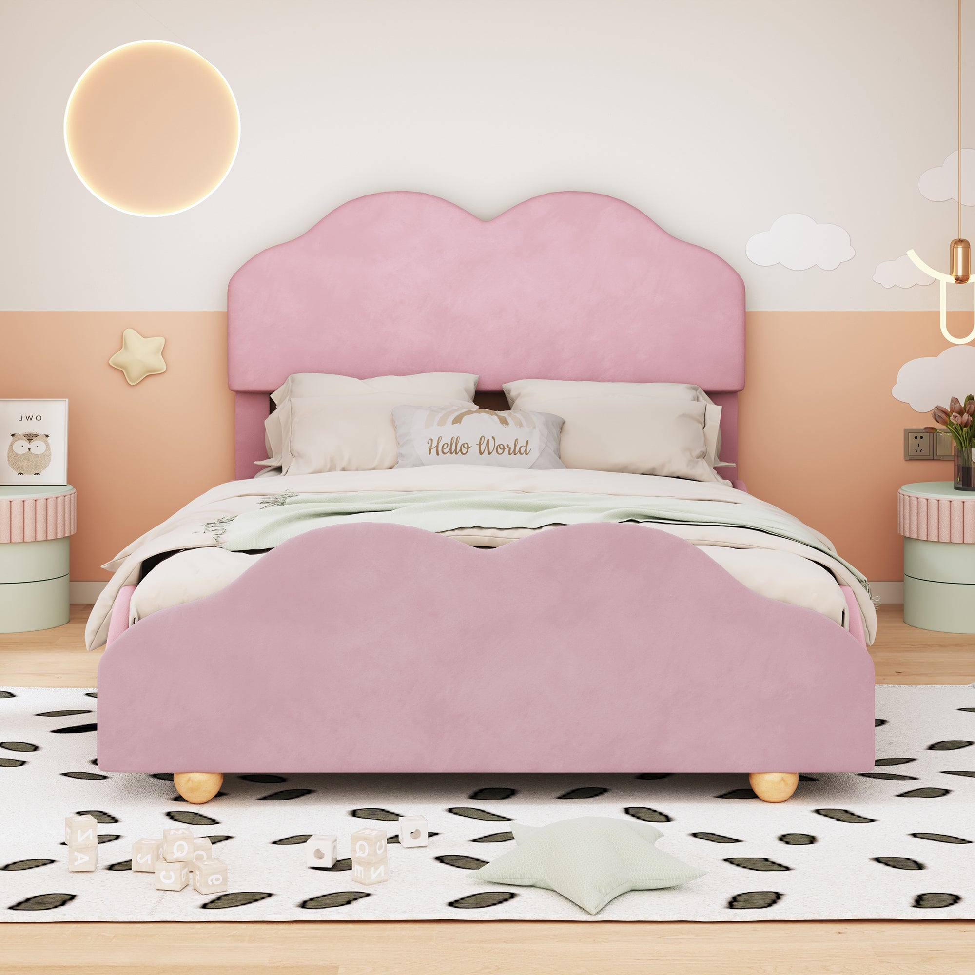Full Size Upholstered Platform Bed with Cloud Shaped bed board, Light Pink - Atlantic Fine Furniture Melbourne FL