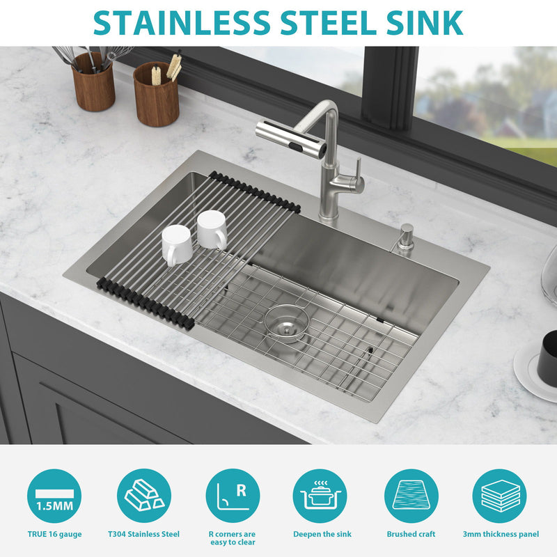 30" Single Bowl Drop In Kitchen Sink With Pull Out Faucet And Soap Dispenser - Brushed Nickel
