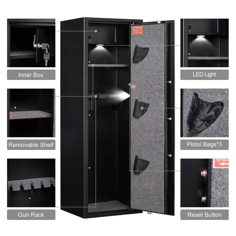 Large Steel Gun Cabinet, With Smart Combination Lock, Smart Alarm, Led Lights, Dividers And Gun Pouches, Is Anti-Smashing - Black