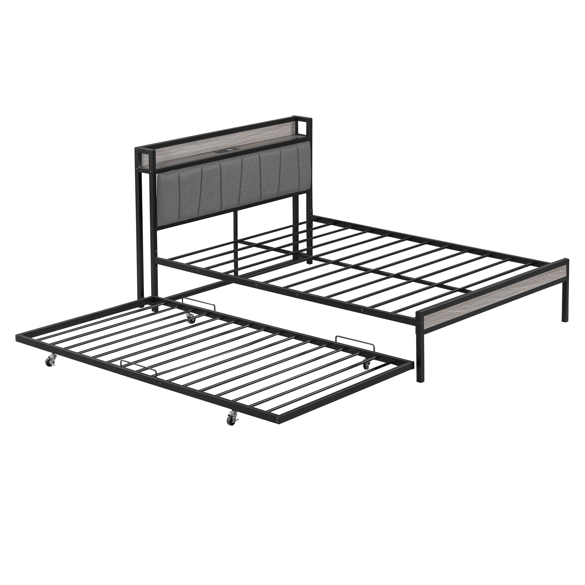 Full Size Metal Platform Bed Frame with Twin size trundle, Upholstered headboard, Sockets, USB Ports and Slat Support, No Box Spring Needed, Black