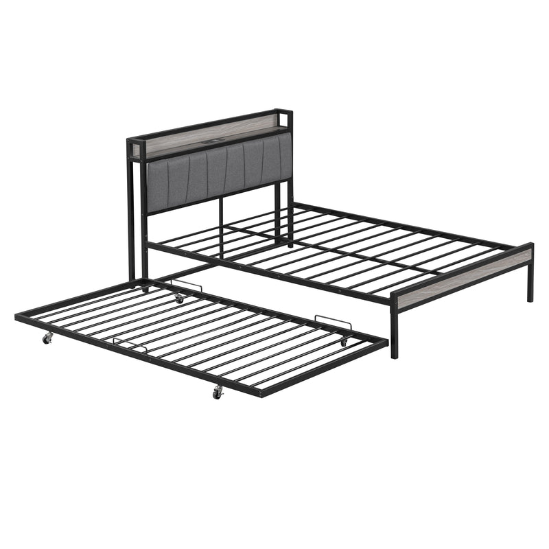 Full Size Metal Platform Bed Frame with Twin size trundle, Upholstered headboard, Sockets, USB Ports and Slat Support, No Box Spring Needed, Black