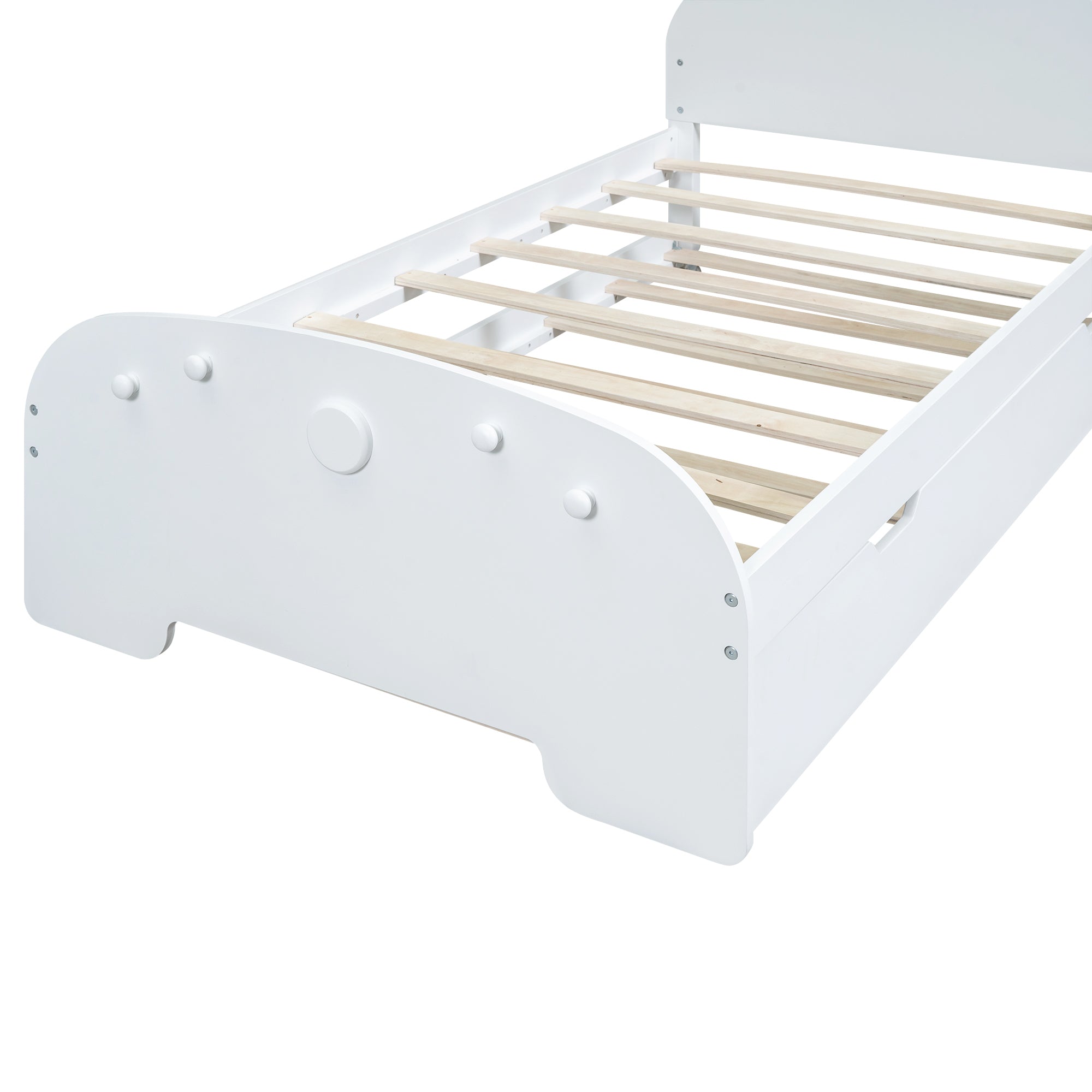 Wood Twin Size Platform Bed with Cartoon Ears Shaped Headboard and Trundle, White - Atlantic Fine Furniture Melbourne FL