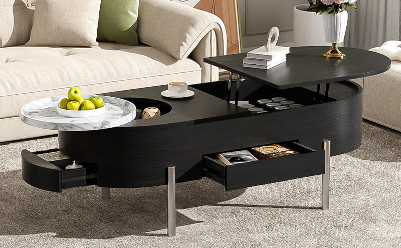 Lift Top Coffee Table With 360 Degree Marble Patterned Rotating Tray