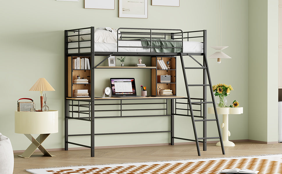Twin Size Loft Bed with Desk and Shelf , Loft Bed with Ladder,Twin,Black - Atlantic Fine Furniture Melbourne FL