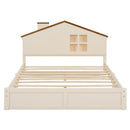 Full Size Wood Platform Bed with House-shaped Headboard and Built-in LED, Walnut+Milk White
