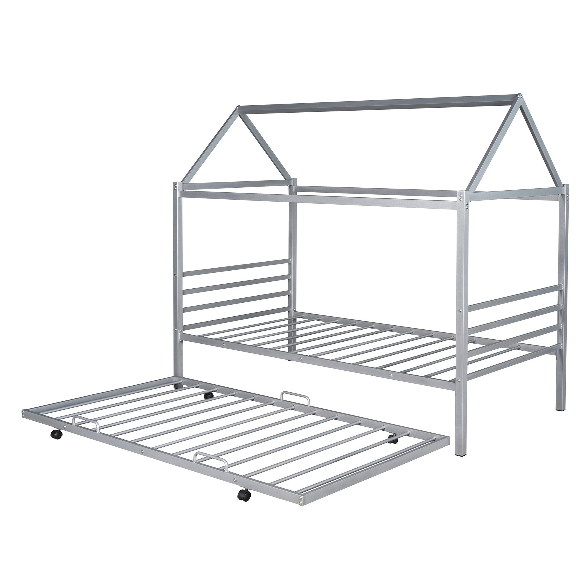Twin Size Metal House Shape Platform Bed with Trundle,Silver - Atlantic Fine Furniture Melbourne FL