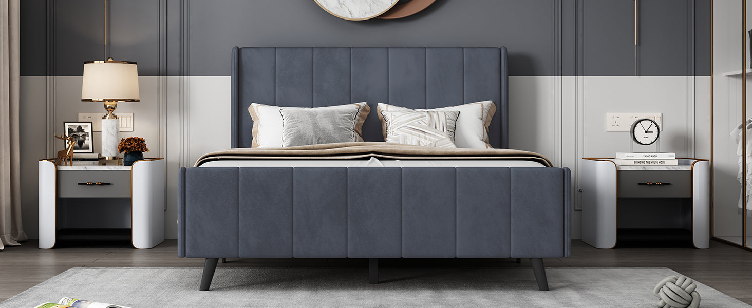 Full Size Upholstered Platform Bed, Velvet, Gray - Atlantic Fine Furniture Melbourne FL