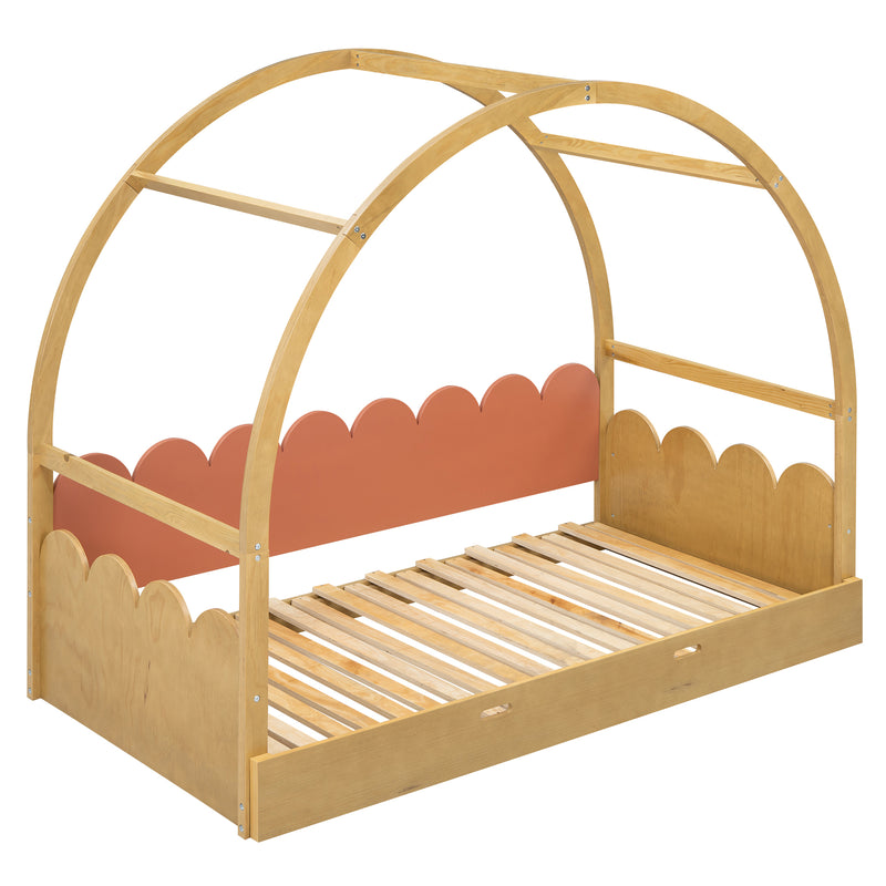 Twin size stretchable vaulted roof bed, children's bed pine wood frame, natural and orange