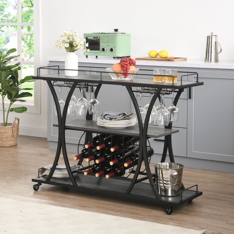 Industrial Bar Cart Kitchen Bar & Serving Cart For Home With Wheels 3 Tier Storage Shelves - Black / Gray