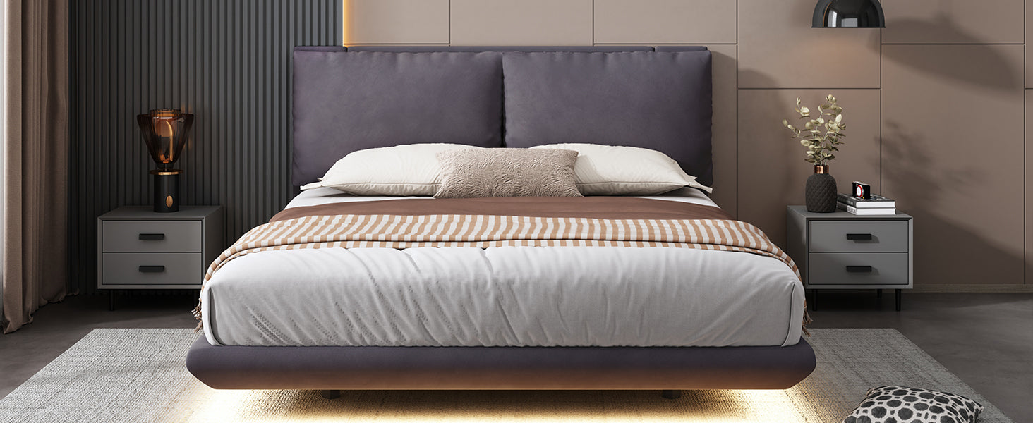 Queen Size Upholstered Platform Bed with Sensor Light and 2 Large Backrests, Stylish Platform Bed with 2 sets of USB Port and Socket on each rear Bed Leg, Gray - Atlantic Fine Furniture Melbourne FL