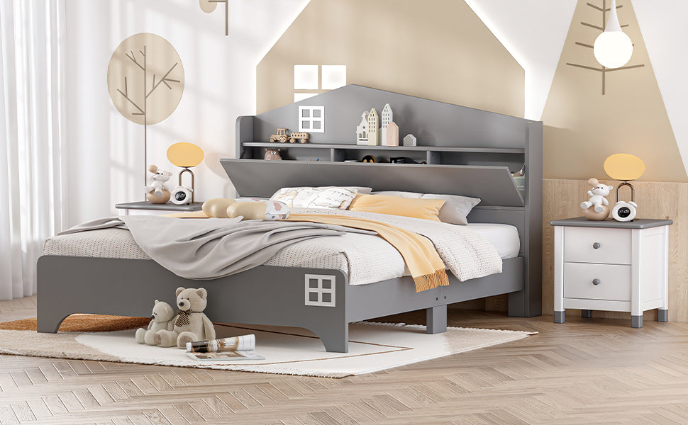 Wooden Full Size House Bed with Storage Headboard ,Kids Bed with Storage Shelf,Grey - Atlantic Fine Furniture Melbourne FL