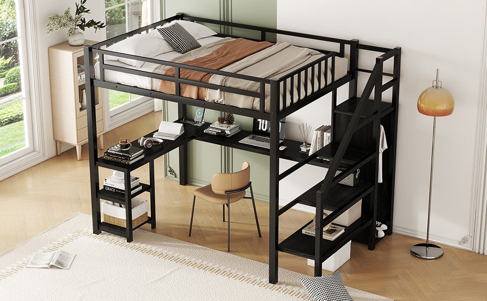 Metal Full Loft Bed with Wardrobe and LED Light, Full Size Loft Bed with L Shaped Desk and USB for Kids Teens Adults, Black (Expect arrival date 2024/5/19)