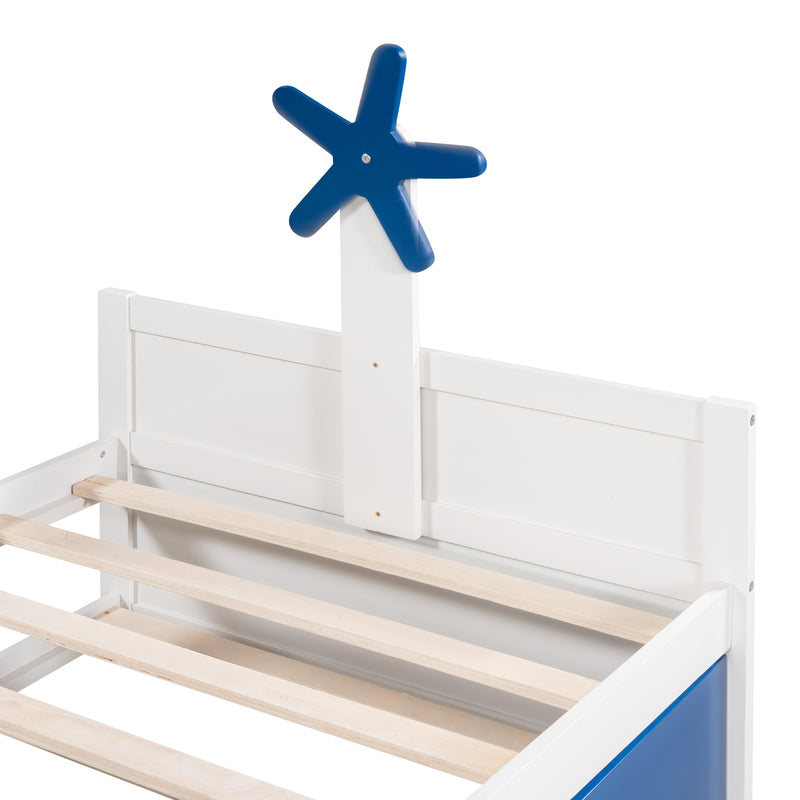 Twin Size Boat-Shaped Platform Bed with Twin size Trundle,Twin Bed with Storage for Bedroom,Blue