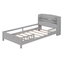 Wood Platform Bed With Built In LED Light, Storage Headboard And Guardrail