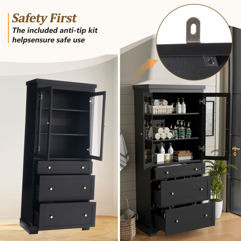Freestanding Tall Bathroom Cabinet With Adjustable Shelves, Drawers, Soft Close Glass Doors - Black